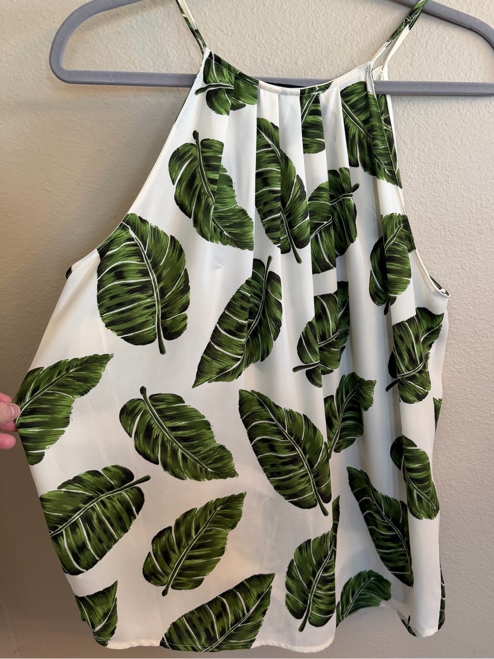 Alice Blue Cream Halter Top with Green Tropical Leaf Print
